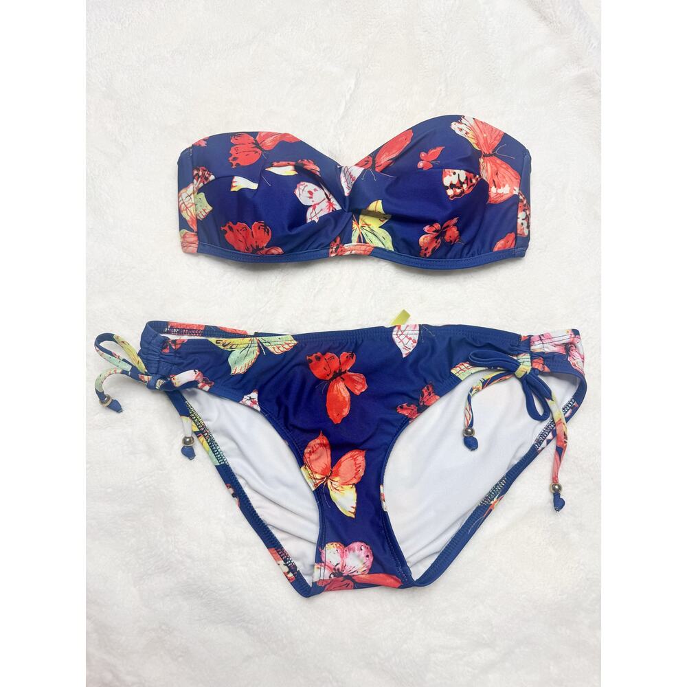 GIANNI BINI Navy Blue Butterfly Print Bandeau Bikini Swimsuit Set NEW Medium - Picture 2 of 7